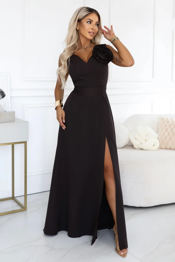 669-5 – romantisches Maxi-Kleid in Schokoladenbraun