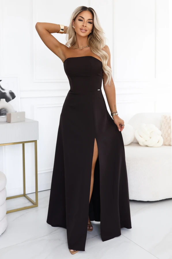 ELARA – schokoladenbraunes Maxi-Kleid mit Korsage