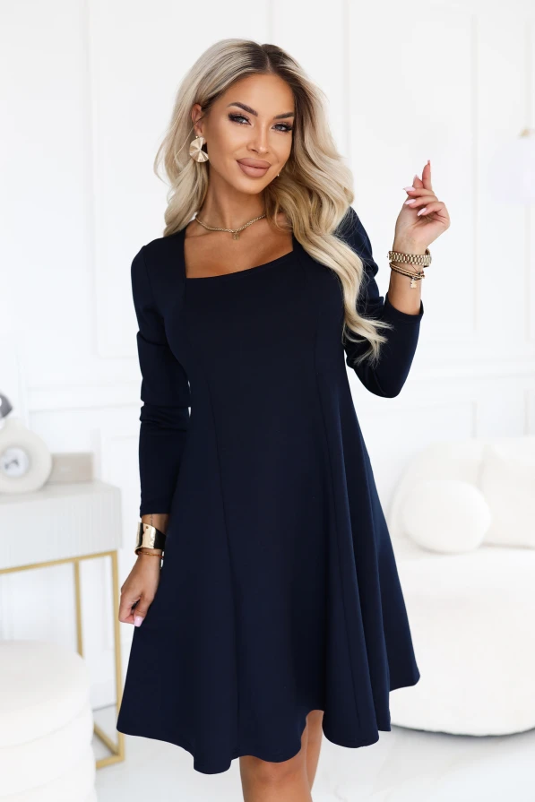 IVANA – dunkelblaues A-Linien-Kleid mit langen Ärmeln