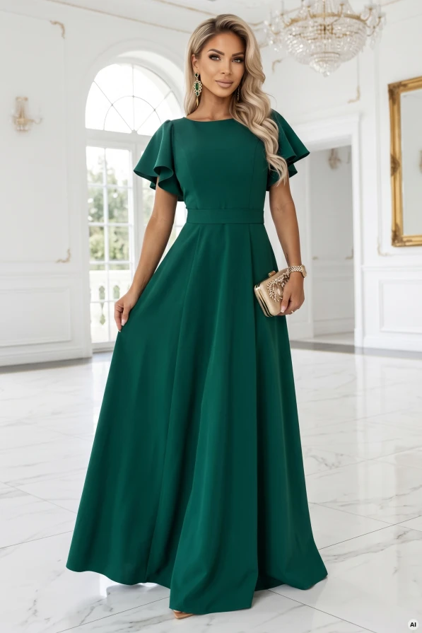 MIRELLA – ausgestelltes Maxi-Kleid in Dunkelgrün